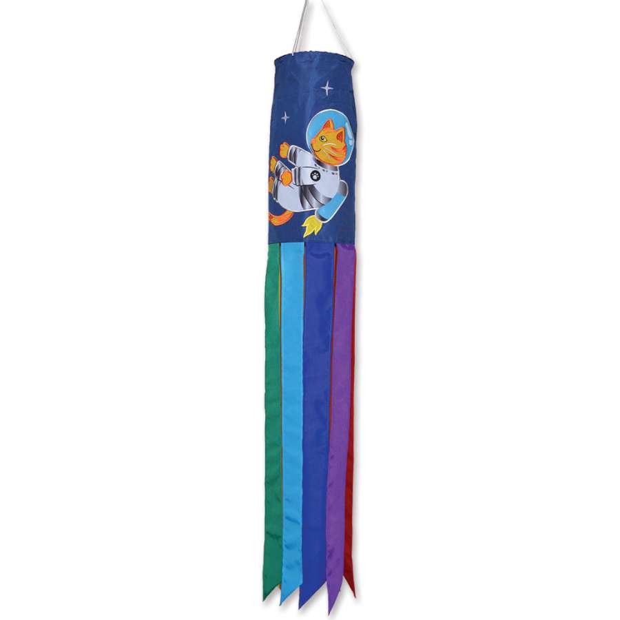 40-inch Space Cats windsock featuring playful cats and celestial designs, displayed in a garden with gentle movement in the wind.
