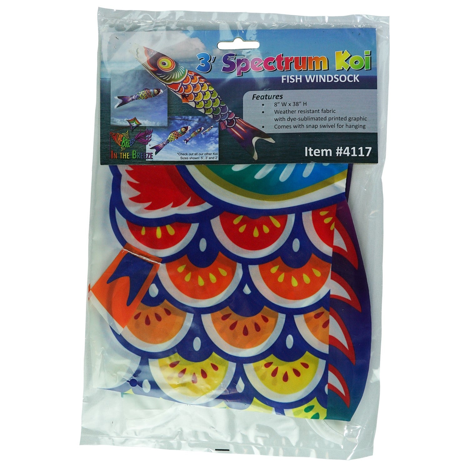 3' Spectrum Koi Fishsock in vibrant rainbow colors hanging gracefully in a garden setting, showcasing its whimsical design and lightweight construction.