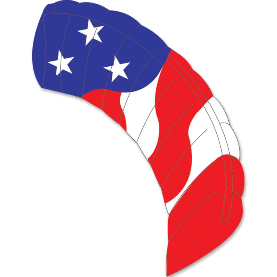 Speedfoil RM6 patriotic kite measuring 69 x 24.5 inches soaring in a clear sky with its vibrant colors on display during a breezy day.