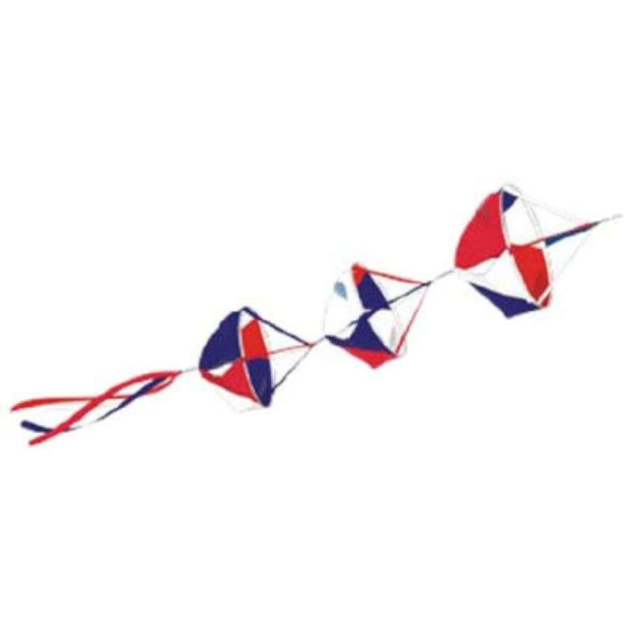 Spin Basket Set featuring colorful patriotic kites with tails, perfect for outdoor events, displayed against a blue sky background.