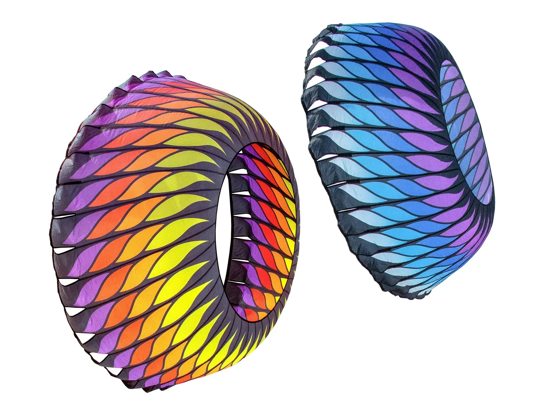 Red and orange 6.5-foot spinning bol inflates in wind to create bold swirling motion, ideal for beaches, festivals, or wind art displays.