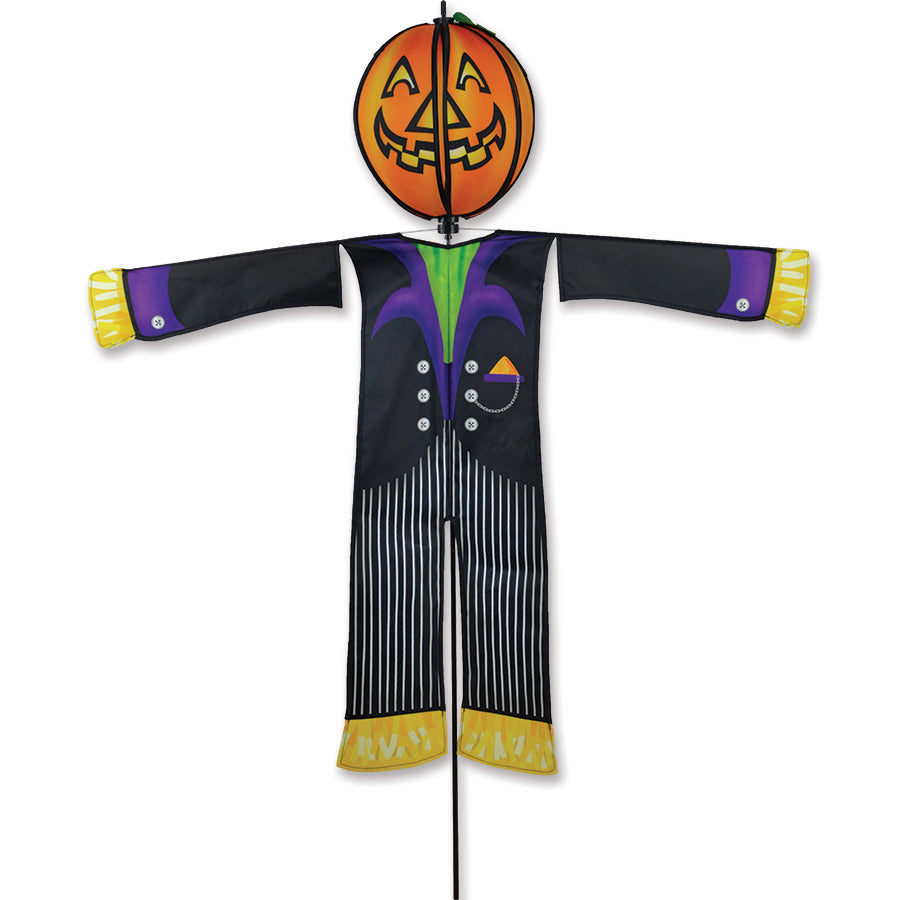 Spinning Friend - Pumpkin Head outdoor decoration with a colorful, spinning pumpkin head displayed in a garden, bringing festive Halloween cheer.