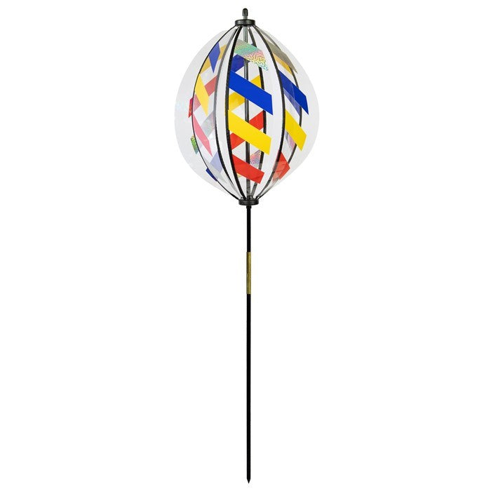 Spinning Lantern featuring six colorful weather-resistant panels spinning in the garden, standing tall at 41.5 inches with a pointed pole for easy ground insertion.