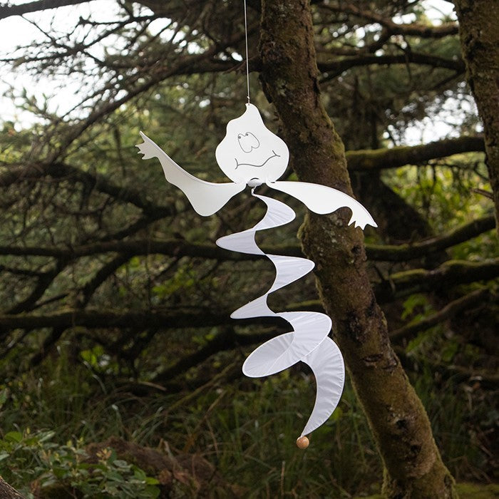 Spiral Ghost Curlie outdoor decoration fluttering in the wind, featuring a whimsical ghost design for Halloween festivities.