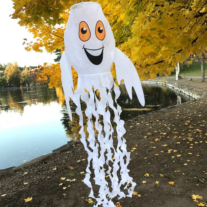 Spook the Ghost 3D Windsock hanging outdoor, featuring a cheerful ghost design with fluttering streamer tails perfect for Halloween decor.