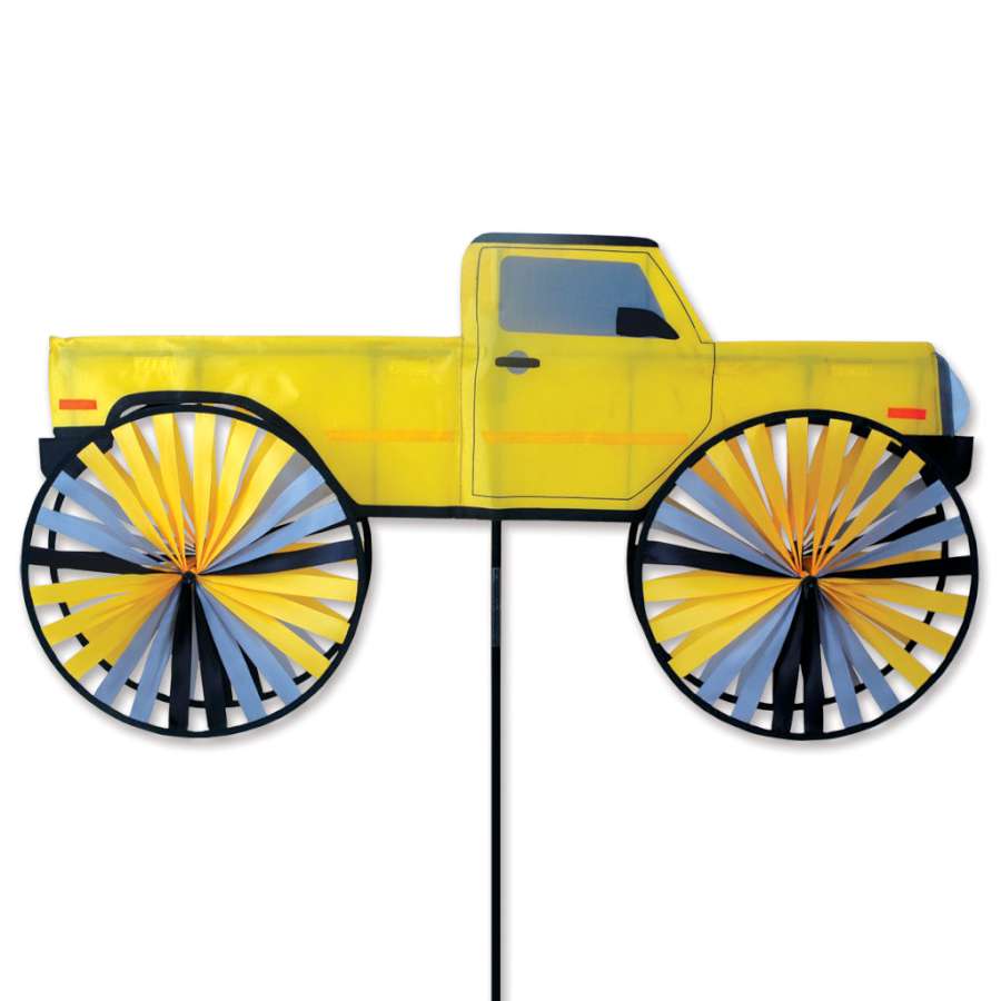 Sport Pick-Up Truck Spinner is a vibrant 41x27.5 wind ornament featuring a truck design, displayed on a vehicle outdoors in bright sunlight.