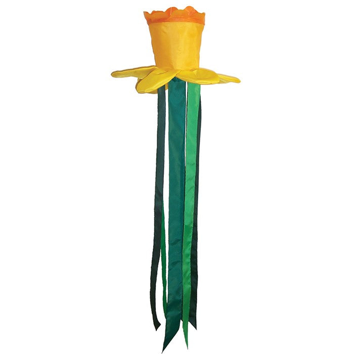 Spring Daffodil Floral Windtail featuring 3D daffodil blooms and colorful tails, elegantly displayed outdoors, gently swaying in the breeze.