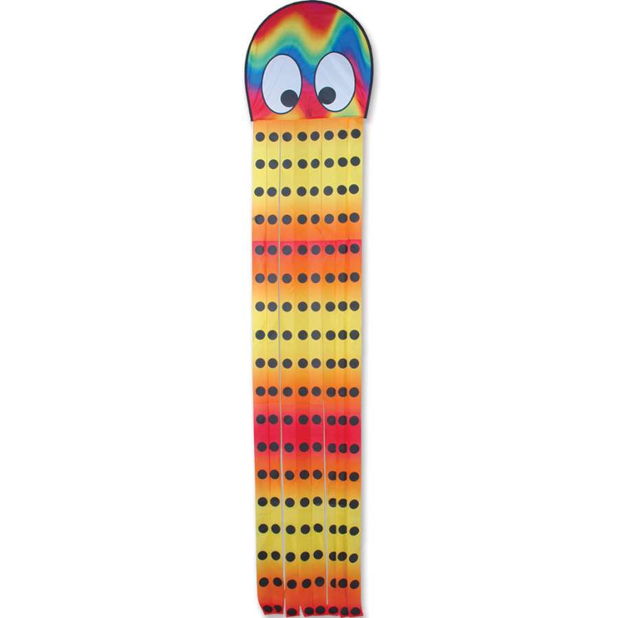 Squeaky Kite with colorful octopus design soaring in a bright blue sky, measuring 20 x 80 inches, perfect for family outdoor fun.