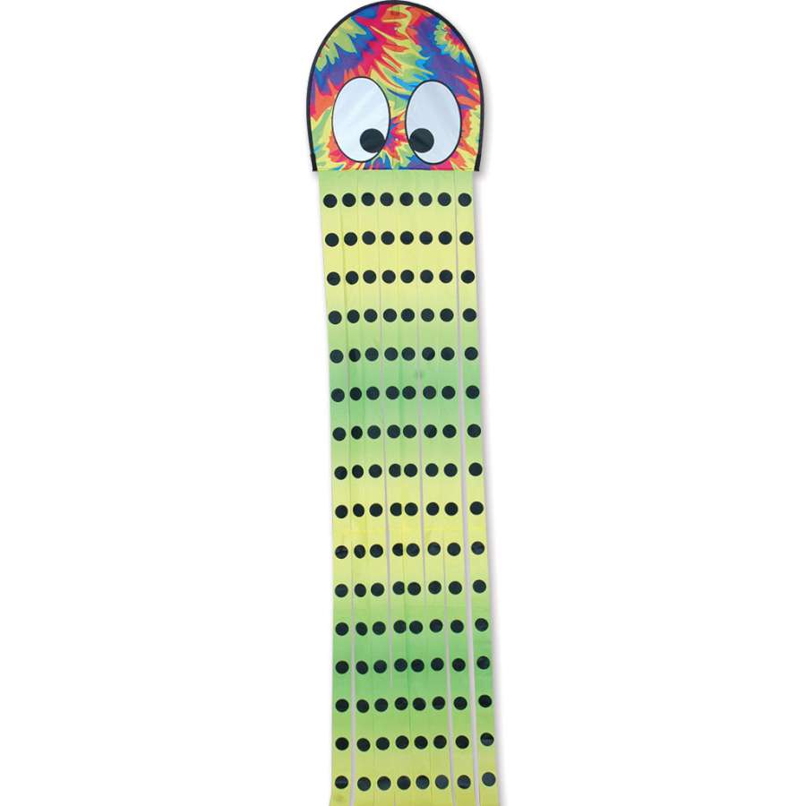 Colorful tie-dye Squeaky Kite shaped like an octopus soaring through the sky, measuring 20 x 80 inches, providing fun for families outdoors.