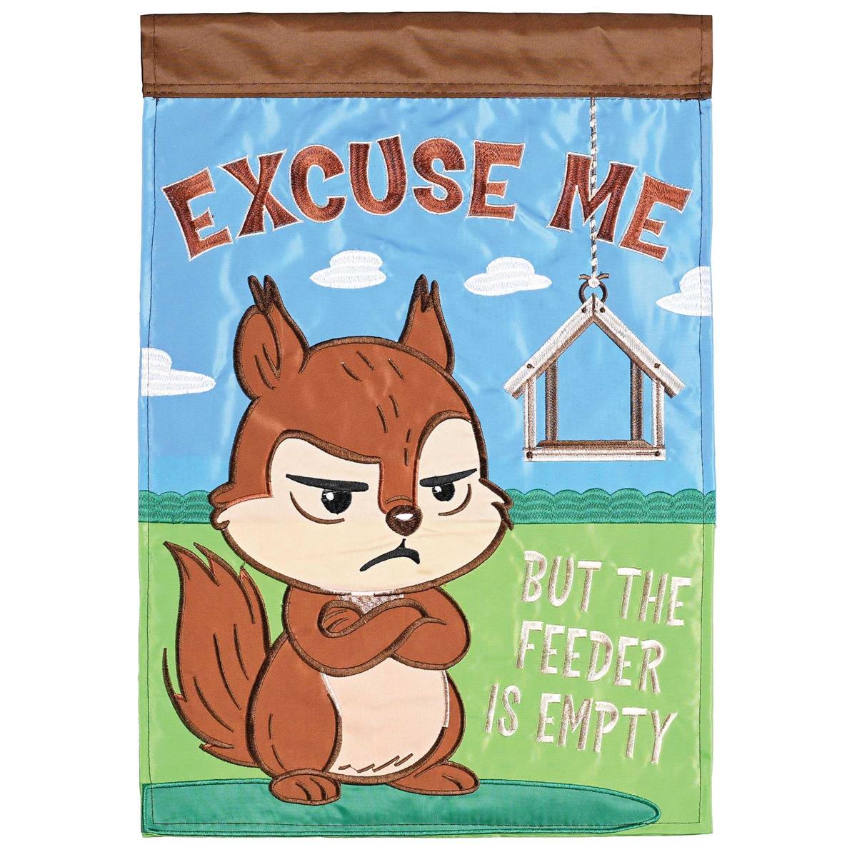 Squirrel Excuse Me garden flag featuring detailed squirrel design and vibrant fabric appliques displayed in a colorful outdoor garden setting.