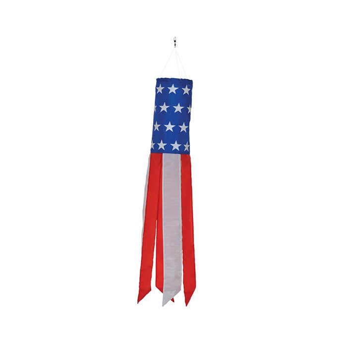 Stars & Stripes 24\" Windsock with vibrant red, white, and blue colors featuring silk-screened stars, hanging gracefully outdoors.