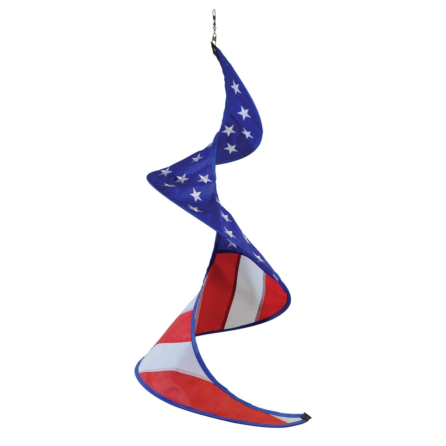 Stars & Stripes Solo Spinner hanging outdoors, showcasing the American flag design with vibrant red, white, and blue colors in motion.