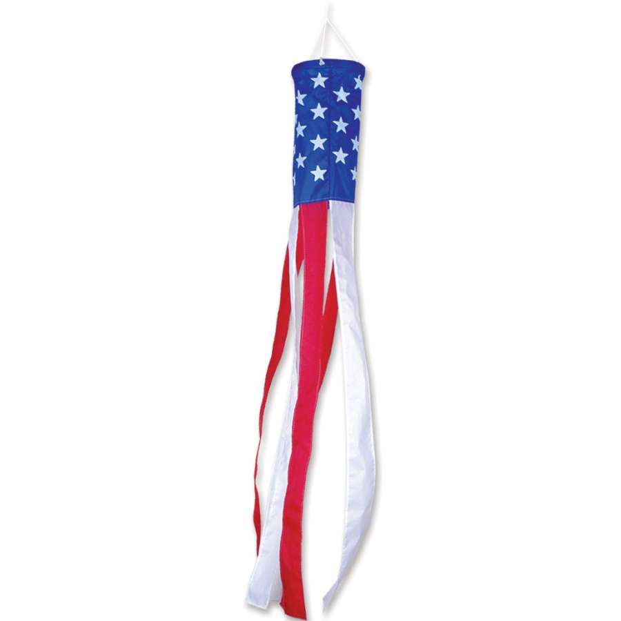 60-inch Stars & Stripes Windsock featuring the American flag's red, white, and blue colors, displayed in an outdoor garden setting.