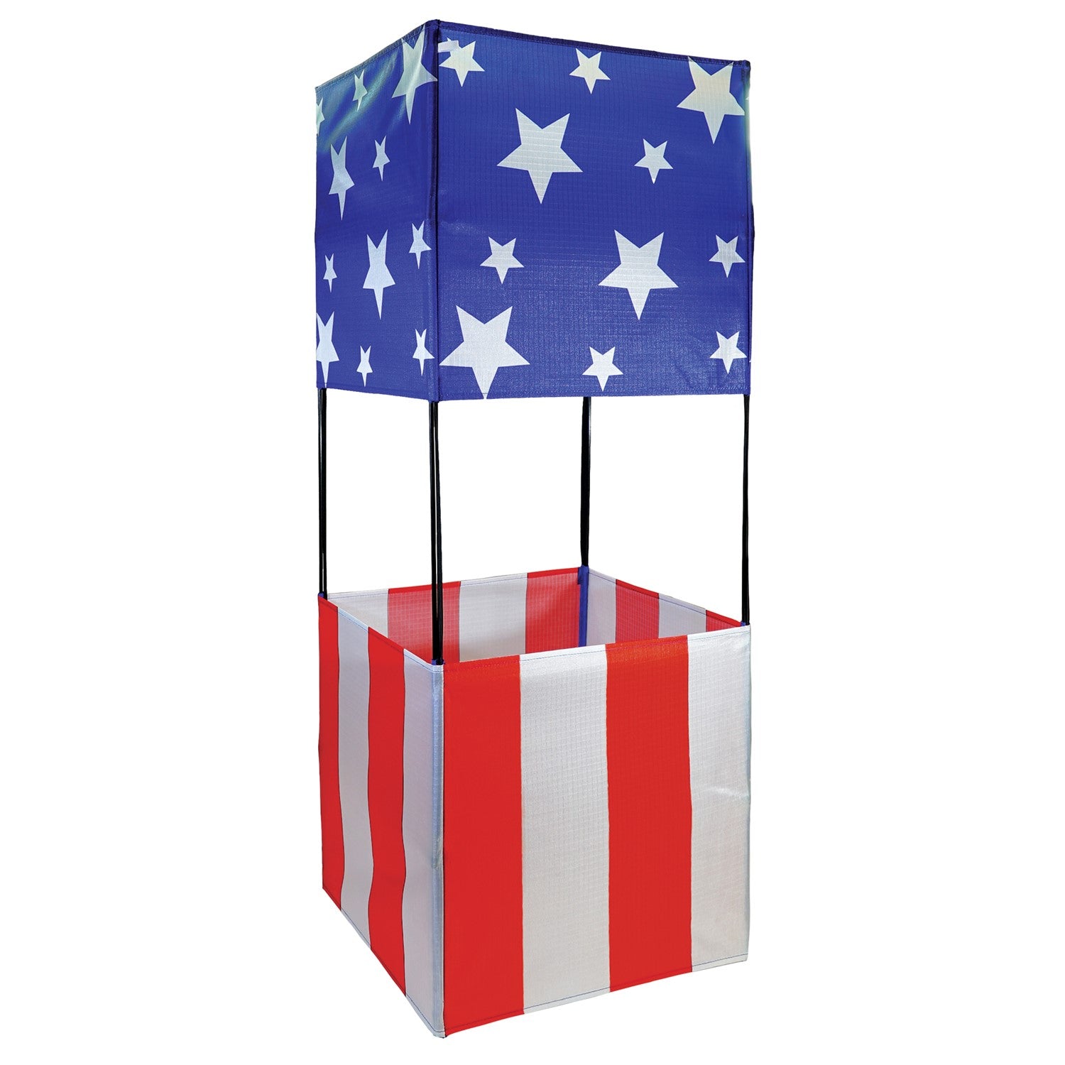 Stars & Stripes Double Box Kite soaring in a blue sky, showcasing vibrant red, white, and blue colors, designed for stability and fun.