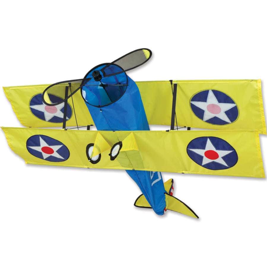 Stearman Bi-Plane kite with authentic graphics, spinning propellers, durable build, and quick setup. Line included for smooth outdoor flying.