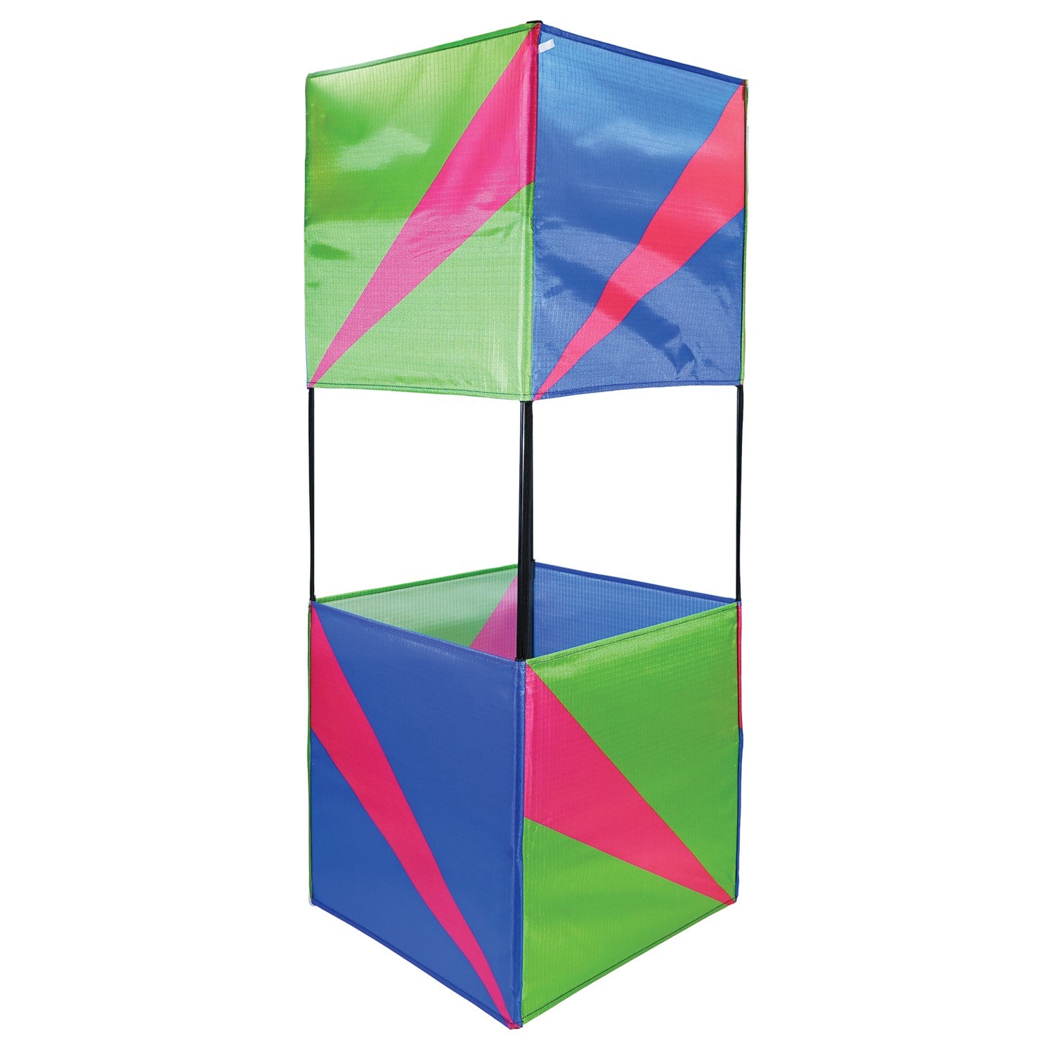 The Strike Double Box Kite soaring in the sky, showcasing its vibrant design and multiple sail surfaces for enhanced stability.