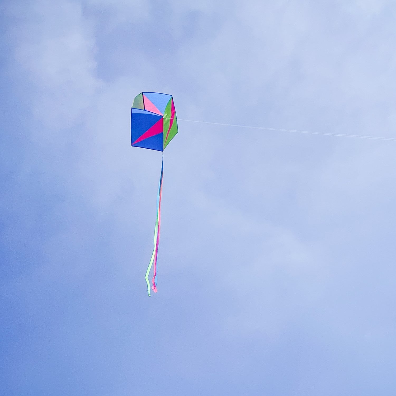 Strike Single Box Kite soaring in a clear blue sky, showcasing vibrant colors and coordinating tails during a sunny outdoor day.