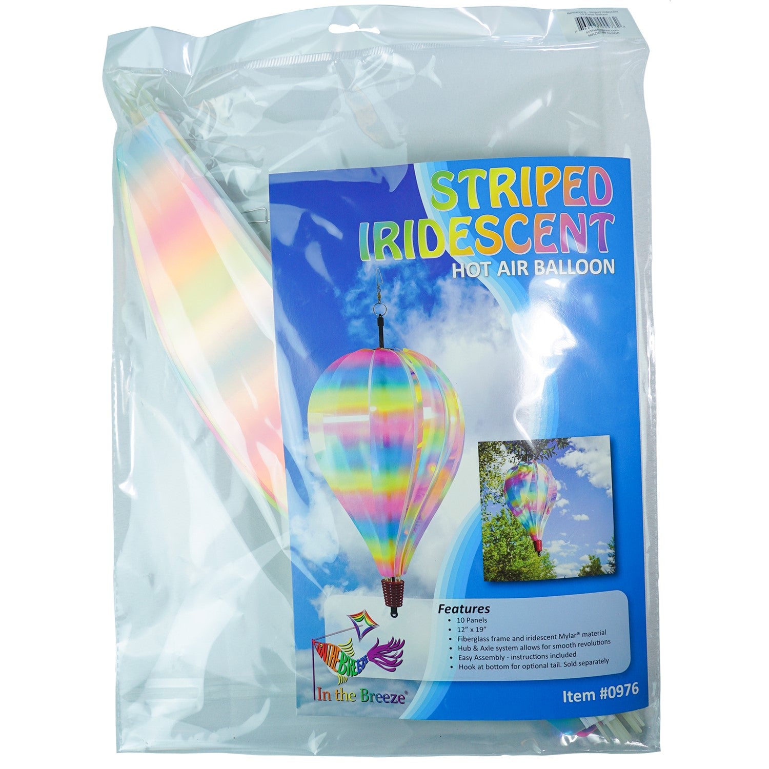 Striped Iridescent 10-Panel Hot Air Balloon spinner, showcasing vibrant colors and smooth spinning action, hanging outdoors amongst greenery.
