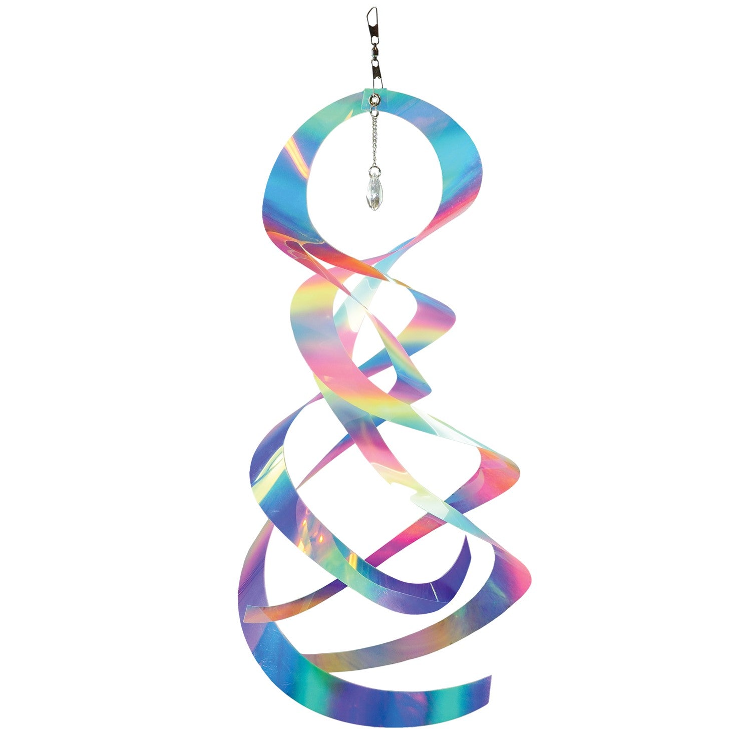 Striped Iridescent Mylar Spin Quartet displayed outside with colorful reflections and a crystal hanging from a chain, spinning elegantly in the breeze.