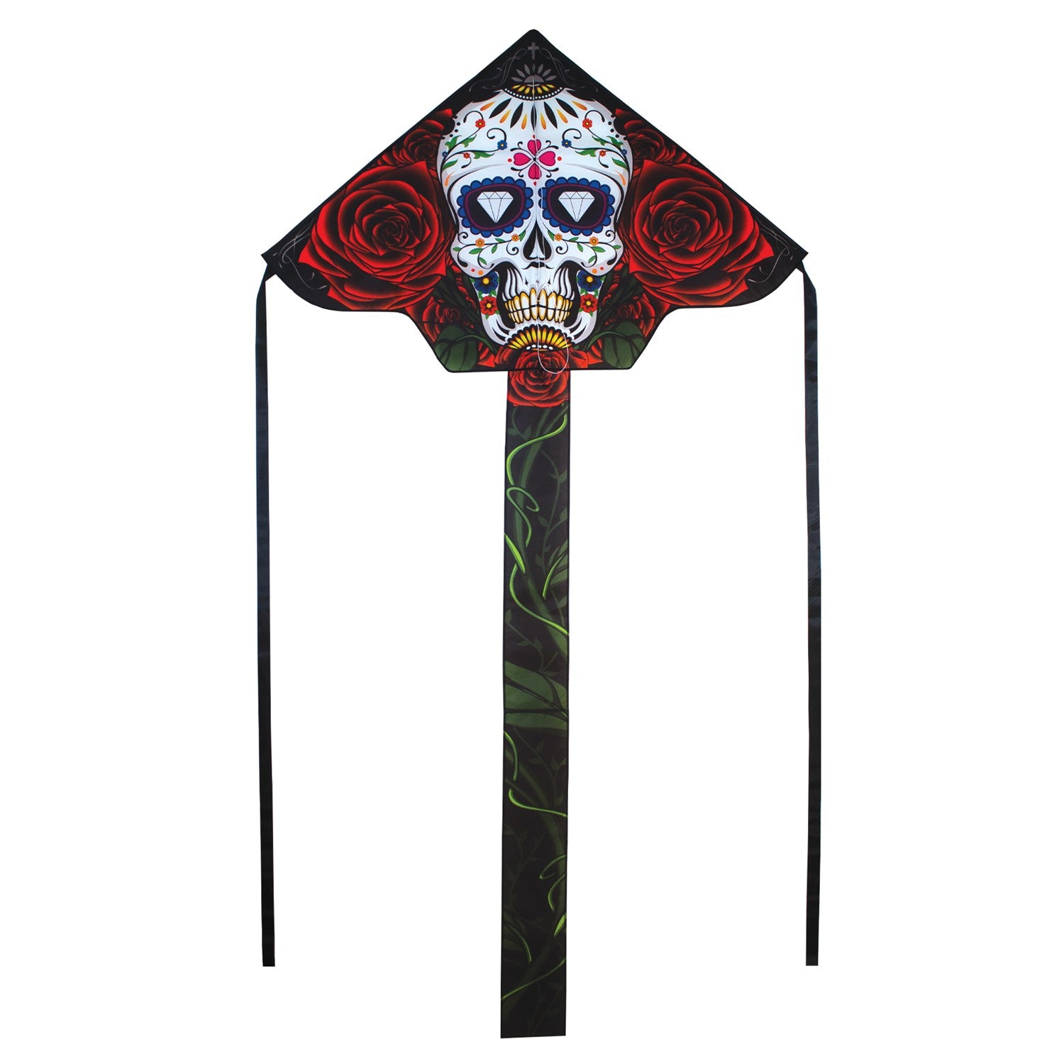 Sugar Skull 45" Fly-Hi Kite featuring a colorful sugar skull design, flying high against a clear blue sky, ideal for family outdoor activities.