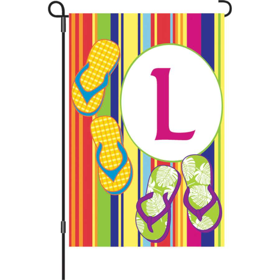 12 in. Summer Monogram Flag - L featuring a stylish monogram design, displayed in a vibrant garden setting to enhance outdoor decor.