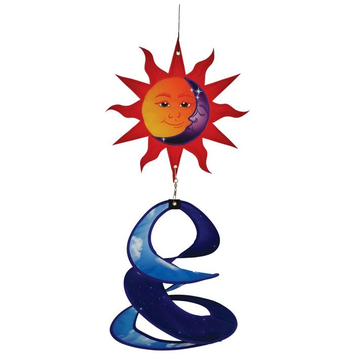 Sun and Moon Theme Duet hanging spinner showcasing a colorful design of a sun and moon with embroidered stars, spinning gracefully in an outdoor setting.