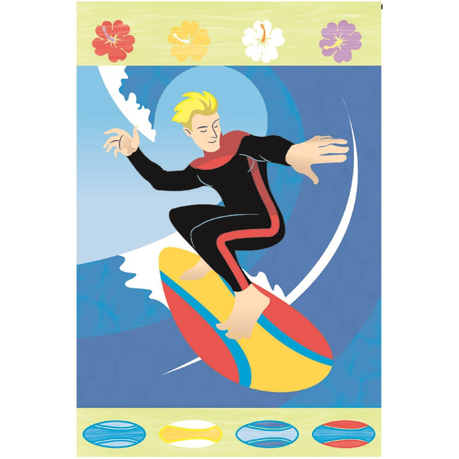 Colorful 12 in. Sunshine Surfer garden flag featuring a surfer against a bright sunny background, displayed in a garden setting.