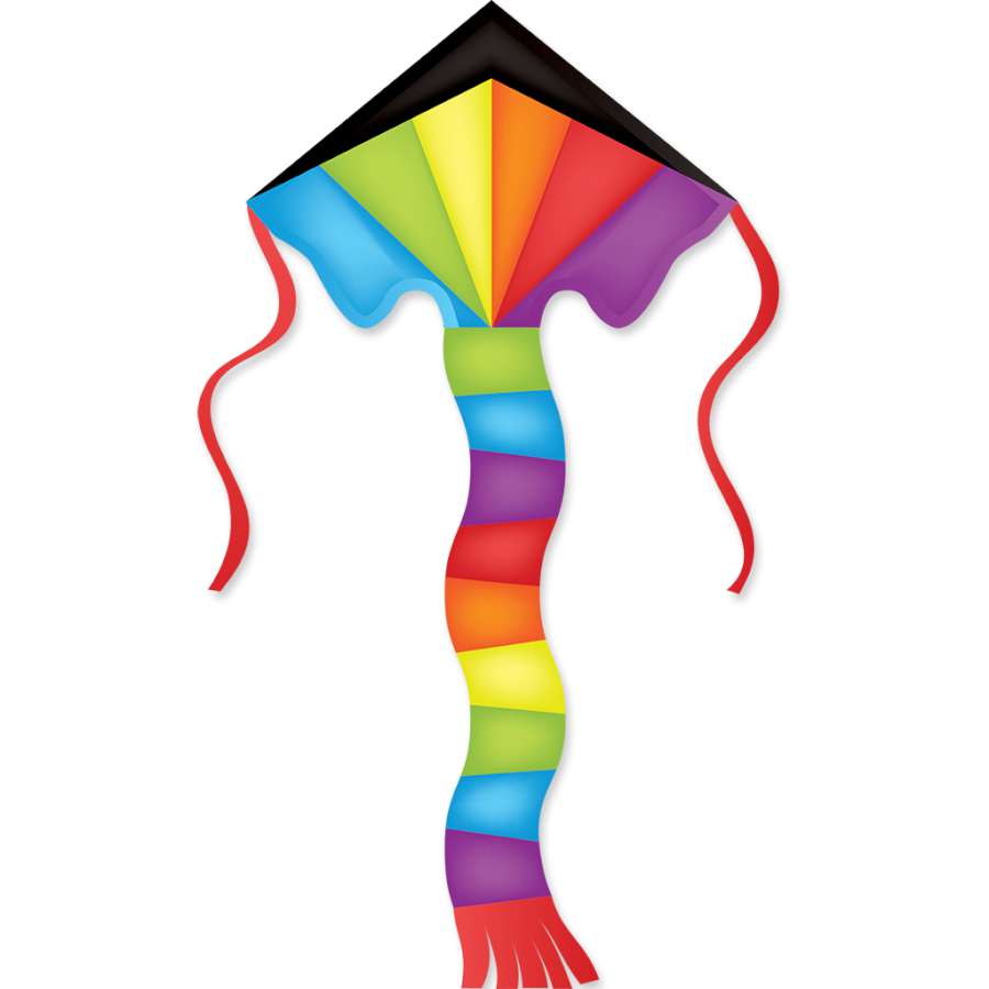 Super Flier Kite - Rainbow Prism, 46x90 inches displayed in the sky, showcasing vibrant rainbow colors with a long tail, ideal for outdoor fun.