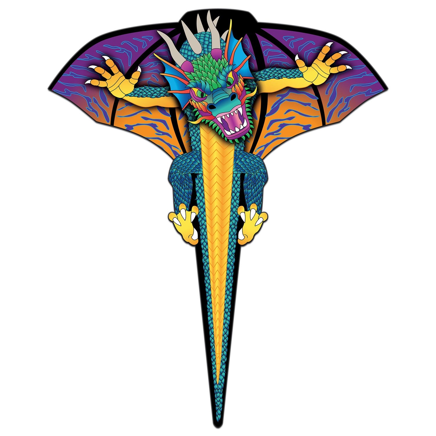 SuperSize Dragon Kite with vibrant colors and dragon design soaring against a clear blue sky, held by a person enjoying the outdoors.