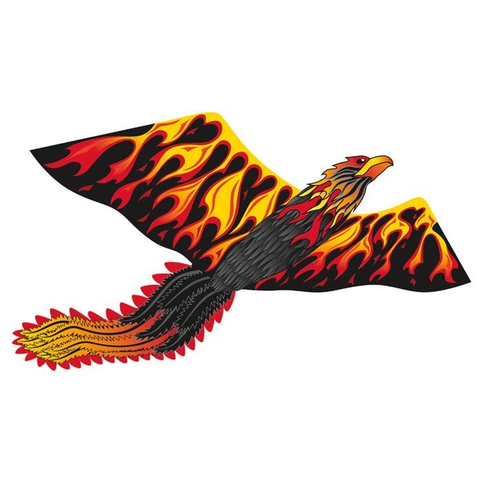 Supersize Ultra Firebird Kite displaying vibrant phoenix design flying high in the sky against a clear blue backdrop.