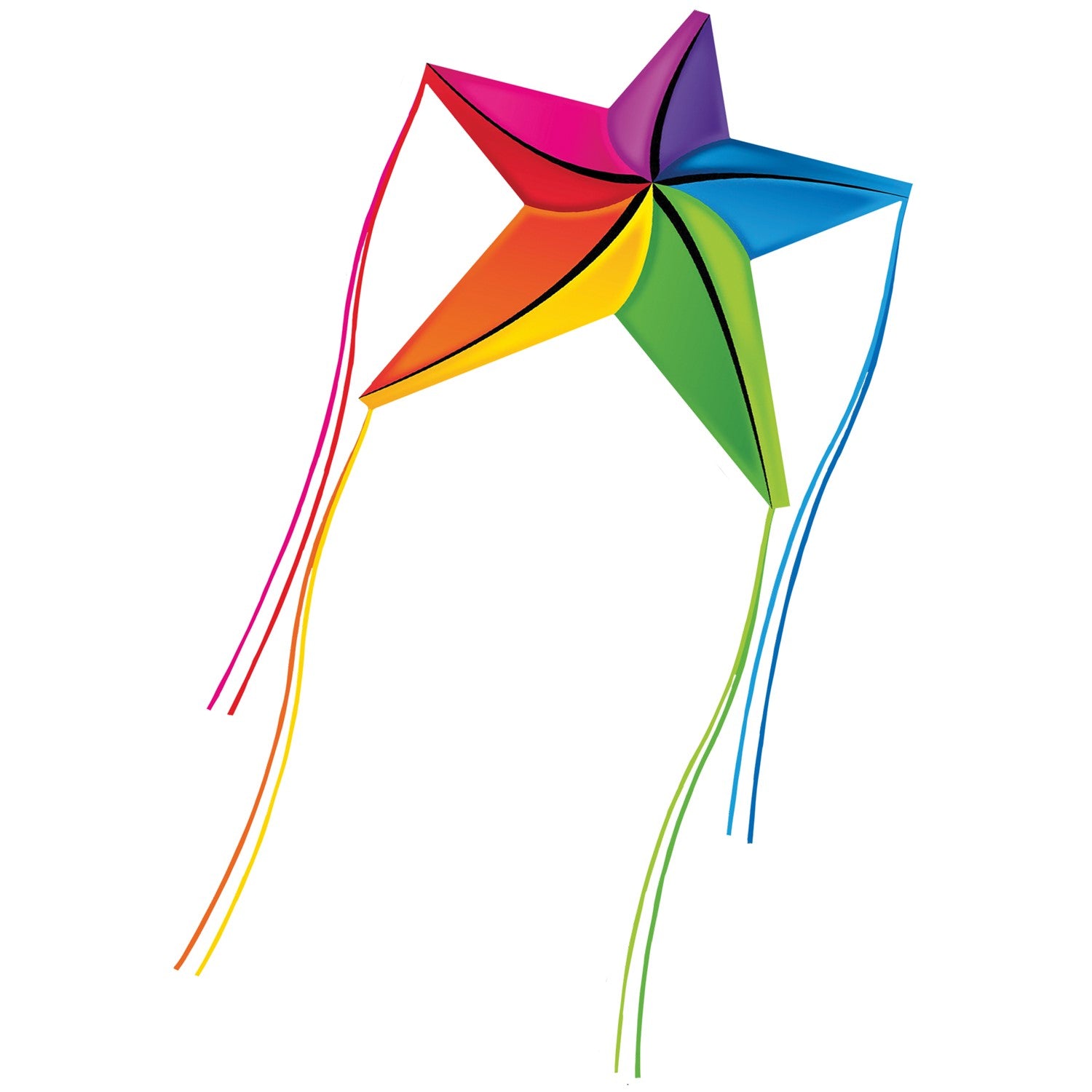 SuperSize Ultra ShootingStar kite in rainbow star design flying high in a blue sky, showcasing its vibrant colors and stable performance.