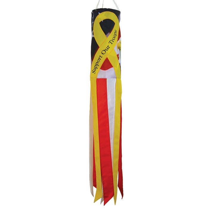 Vibrant Support Our Troops 40'' windsock displaying an eagle and patriotic colors in a front yard setting, representing military support.