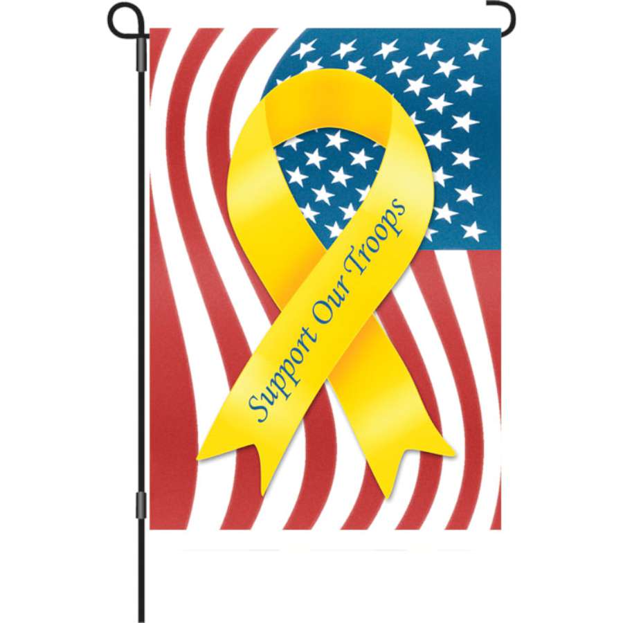 12 in. Support Troops garden flag made from PremierSoftTM fabric, featuring a vibrant design visible on both sides, displayed outside in a garden.