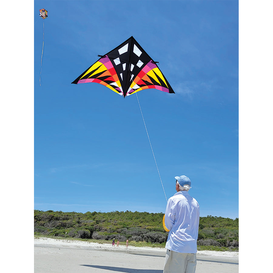 Sweet 16 Delta Kite in Sunrise Check design soaring in a blue sky with a vibrant tail fluttering in the wind, measuring 192 x 96 inches.