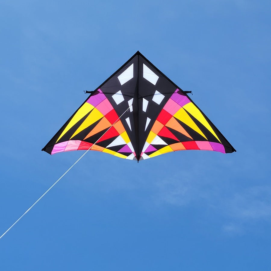 Sweet 16 Delta Kite in Sunrise Check design soaring in a blue sky with a vibrant tail fluttering in the wind, measuring 192 x 96 inches.