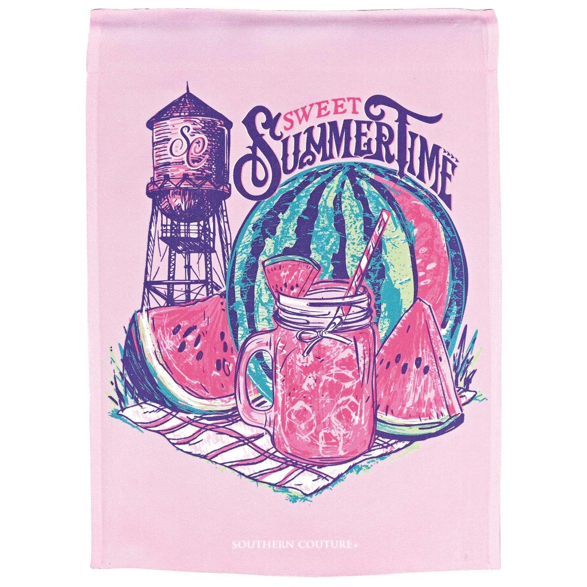Sweet Summertime garden flag featuring vibrant colors and floral patterns displayed in an outdoor garden setting, showcasing its 13x18 size.