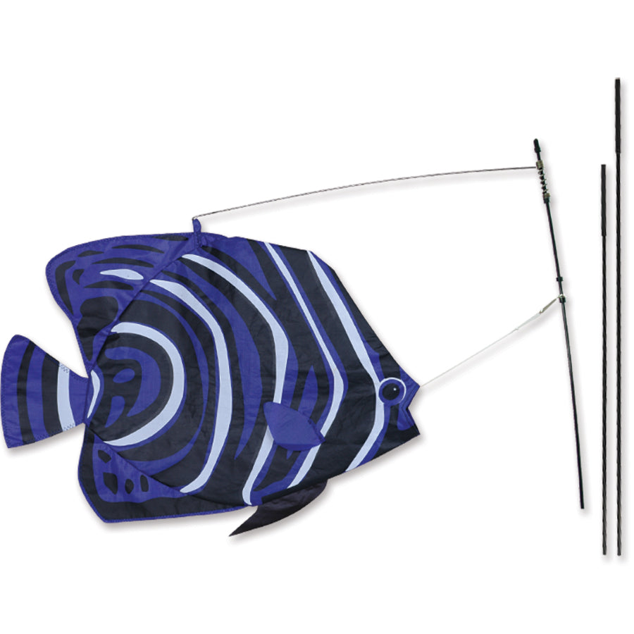 Swimming Fish Recumbent Bike Flag featuring an angelfish design, dancing in the wind on a bike, showcasing vibrant colors and 3D motion.