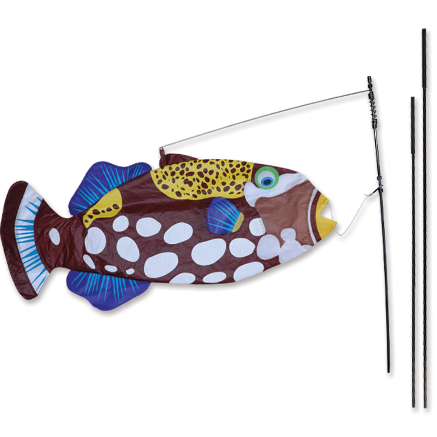 Swimming Fish Recumbent Bike Flag featuring a Clown Triggerfish design, vibrant and lifelike, displayed on a recumbent bike, moving with the breeze.