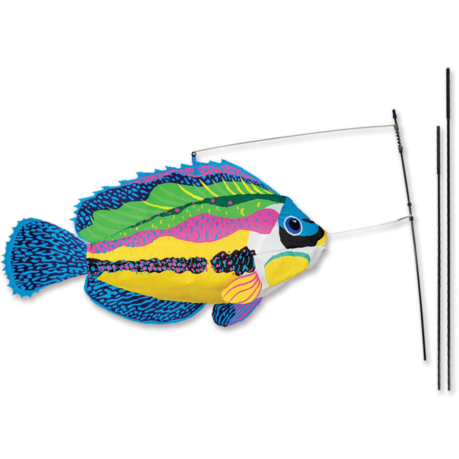 Swimming Fish Recumbent Bike Flag featuring a peacock wrasse design, bobbing in the breeze, displayed on a bicycle for enhanced visibility.