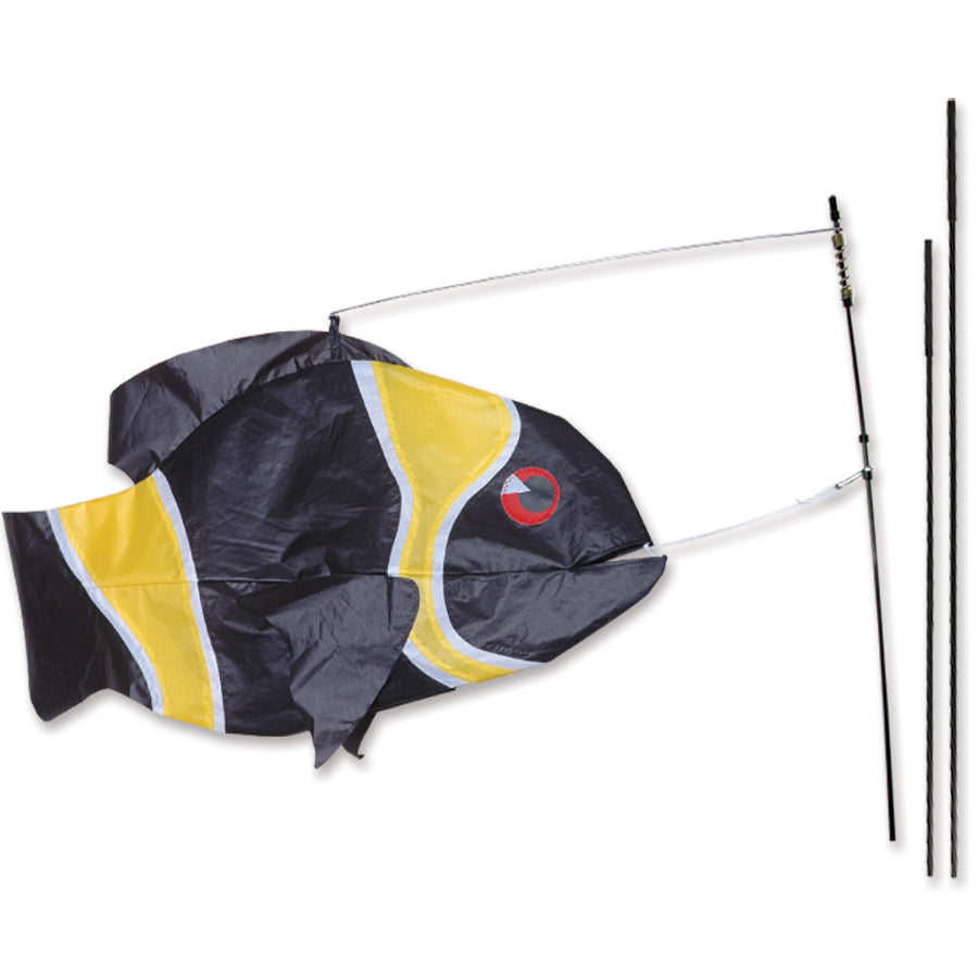 Swimming Fish Recumbent Bike Flag in vibrant design resembling a fish, mounted on a bike, waving in the wind for visibility.