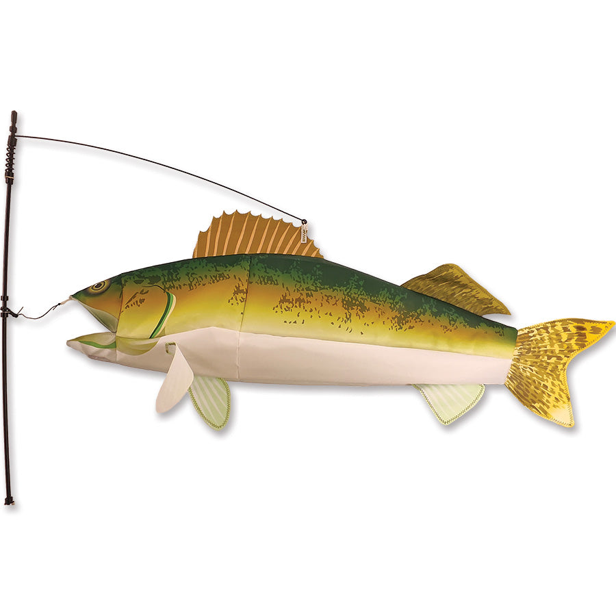 Vibrant Swimming Fish - Walleye decoration bobbing in the wind, showcasing colorful design, displayed in a garden setting.