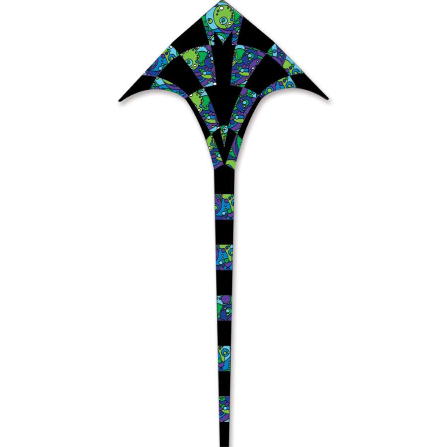 T-Delta Kite in vibrant colors soaring in the sky, measuring 150 x 283 inches, designed for outdoor fun and stability in varying winds.