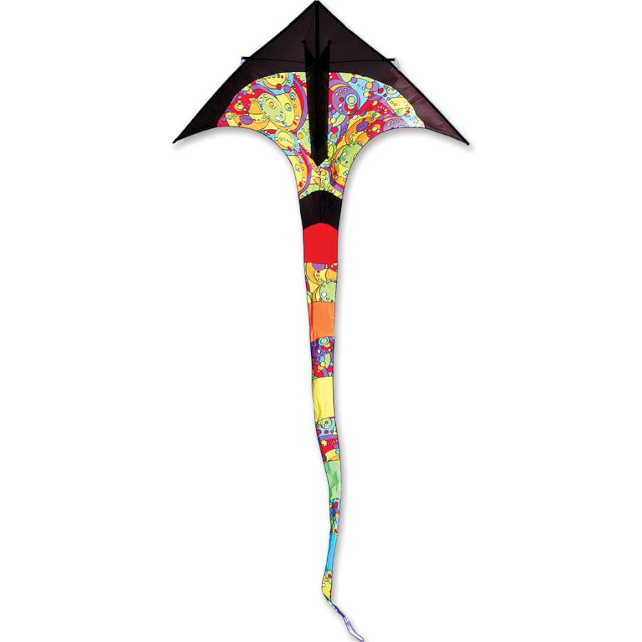 T-Delta Kite - Rainbow Orbit displayed soaring high in a blue sky, showcasing its vibrant colors and delta shape at the park.