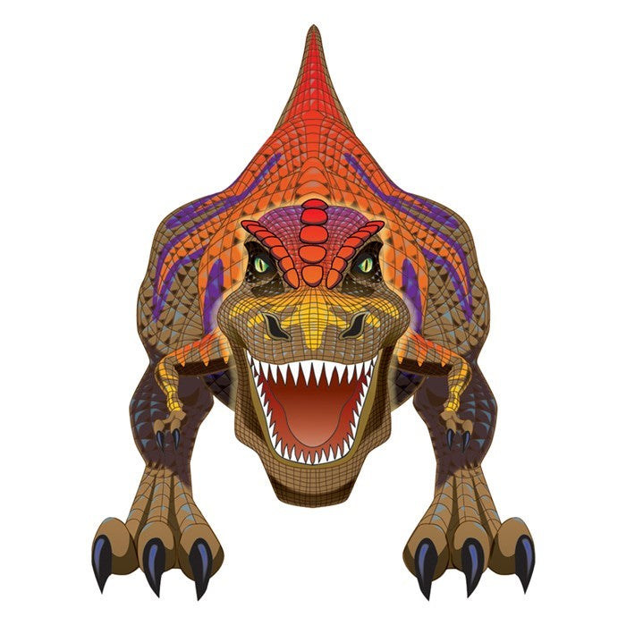 T-Rex DinoSoar Kite soaring in the sky, featuring detailed graphics of a T-Rex in vivid colors against a clear blue background.