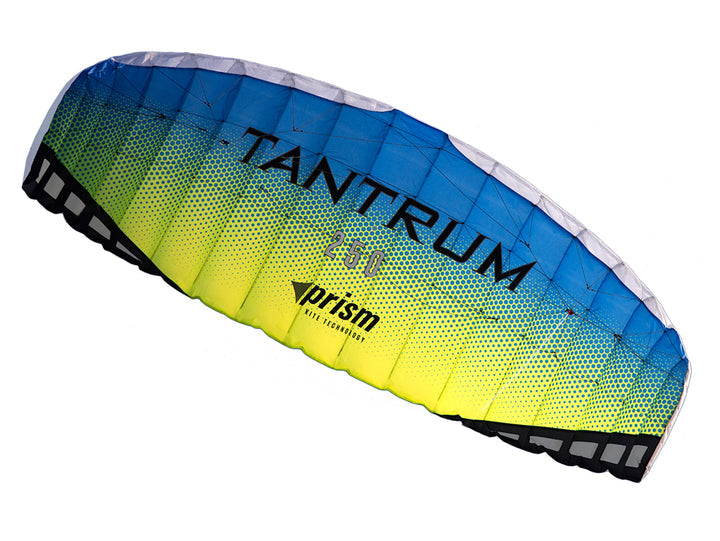 Tantrum 250 dual-line parafoil kite with large sail area, bar control, and 300 lb Dyneema lines for powerful traction flying in light to strong winds.
