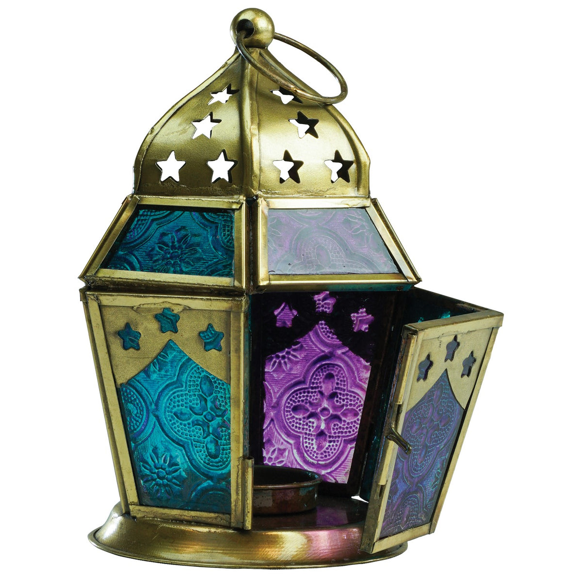 Teal & Purple Hex Glass Tealight Lantern featuring intricate glass and metal design, ready for use to illuminate indoor or outdoor spaces.