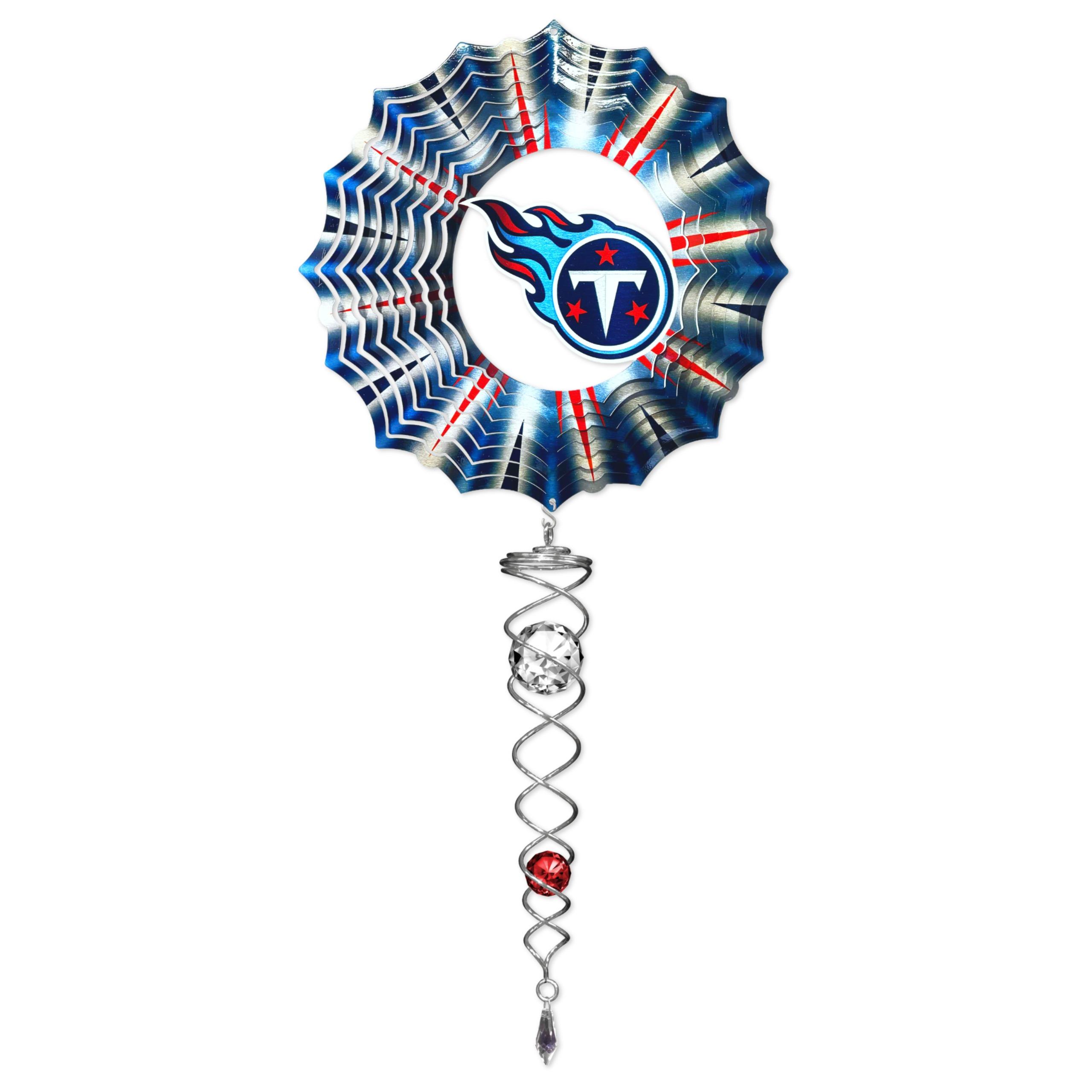 Tennessee Titans wind spinner mini set featuring a 6.5-inch spinner and a 7.5-inch crystal twister, showcasing team colors and designs in a vibrant outdoor setting.