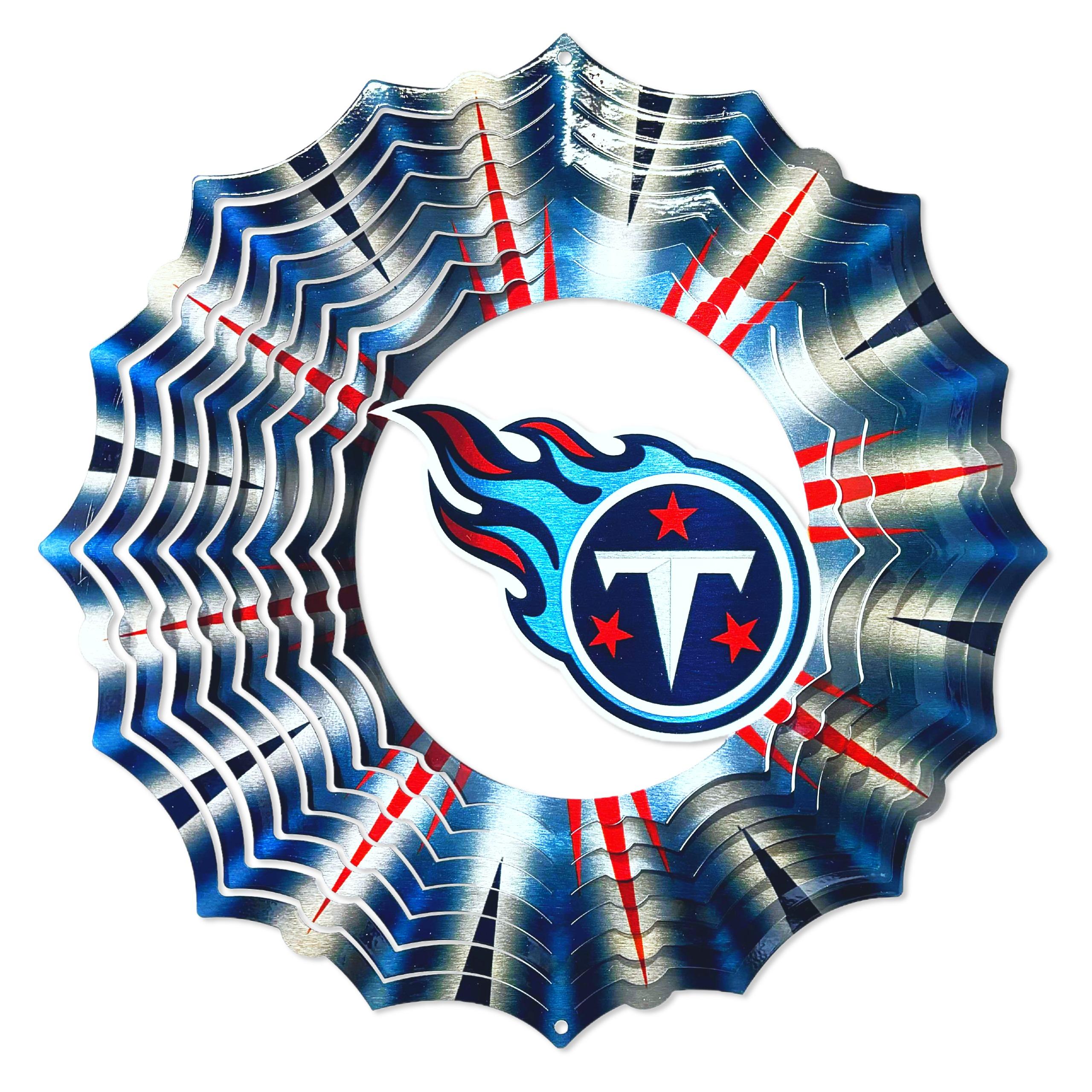 Tennessee Titans 12-inch wind spinner with bold team artwork spinning in a garden, showcasing NFL spirit and vibrant colors.