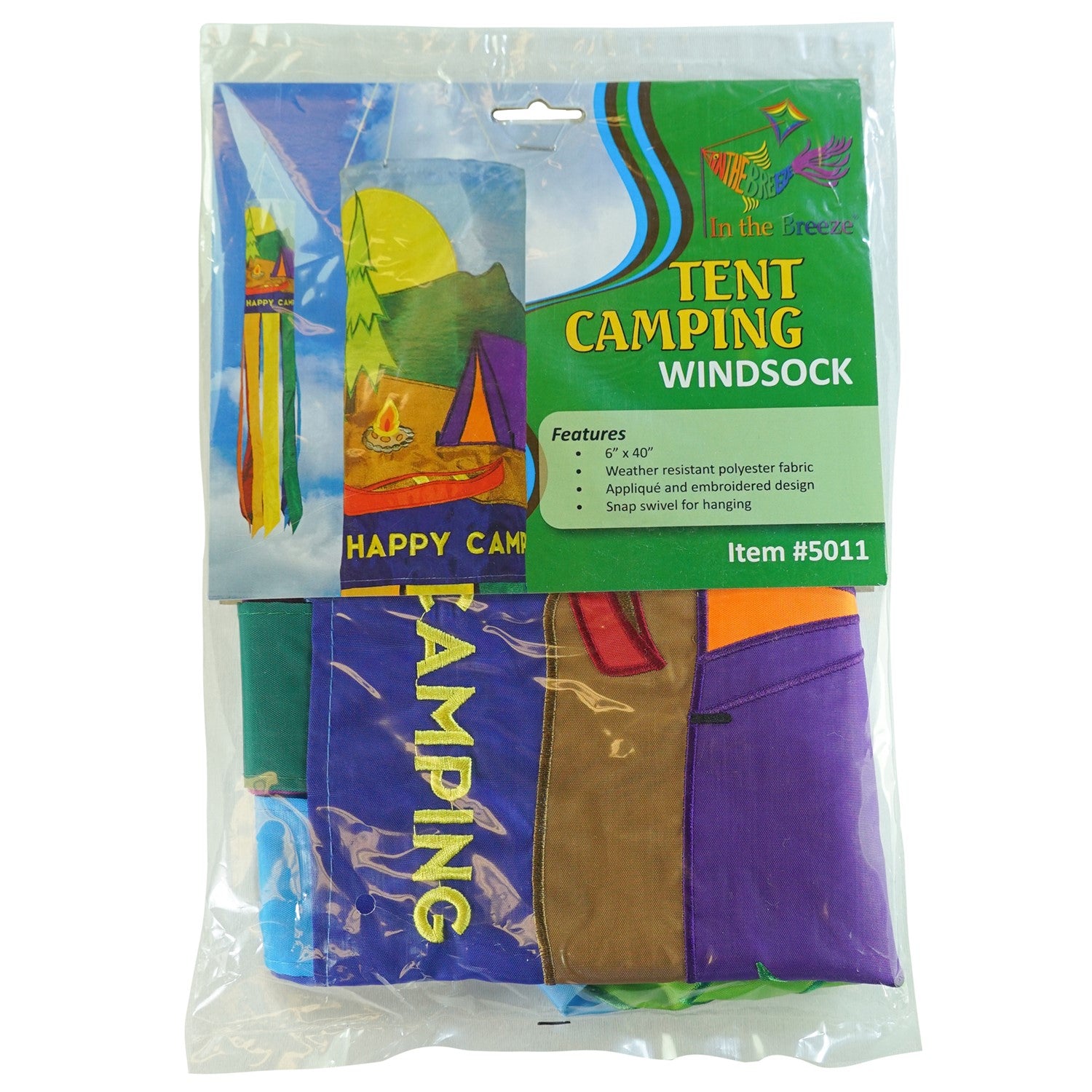 Tent Camping 40-inch windsock with colorful applique graphics and eight tails fluttering in a gentle breeze, designed for outdoor decoration.
