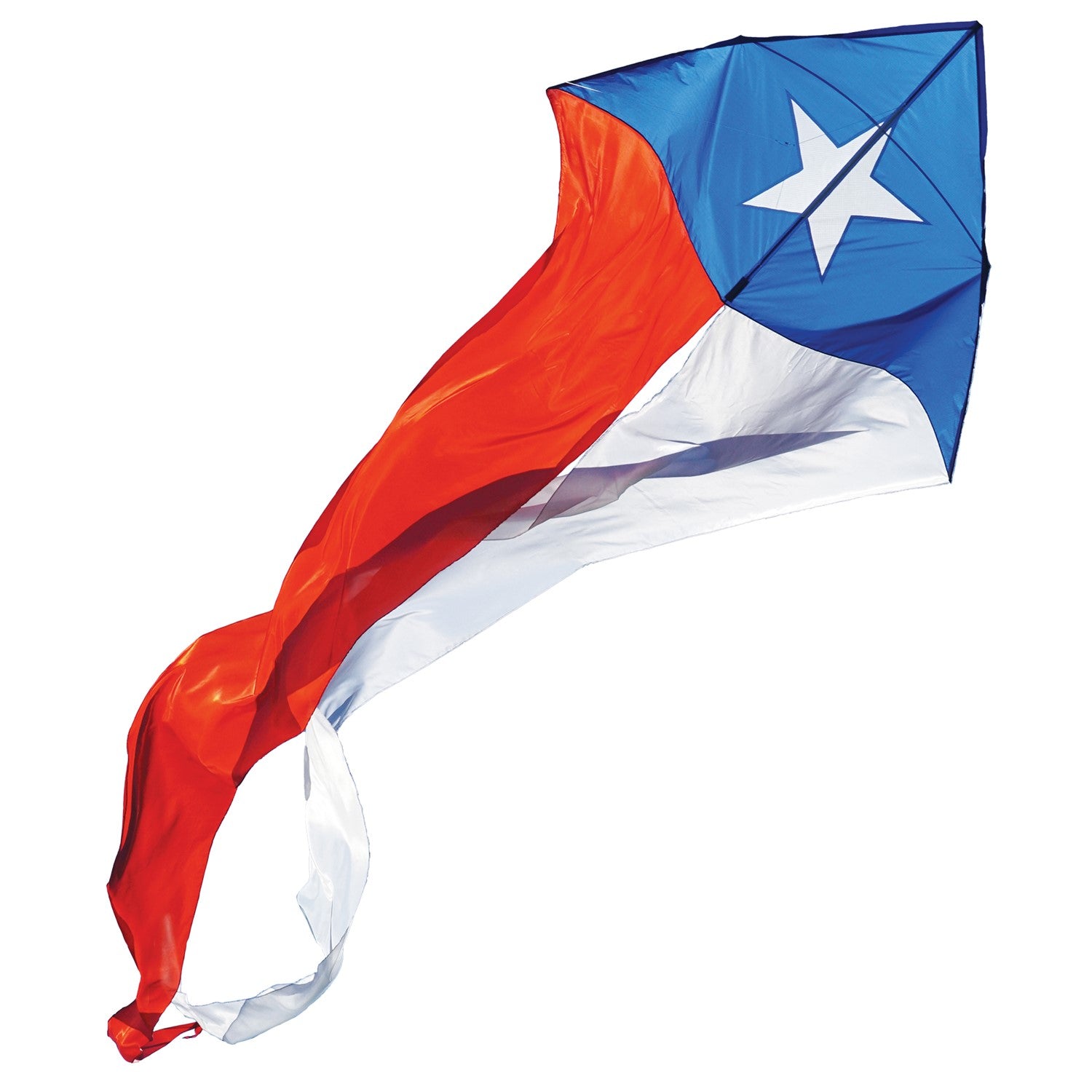 Texas 77-inch Wave Delta Kite featuring an applique star and flowing tails soaring against a blue sky on a breezy day.